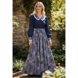 Denise Are Here! Maxi Dress Women 7/8 Blue Vintage 70s Patchwork Smocked Lace
